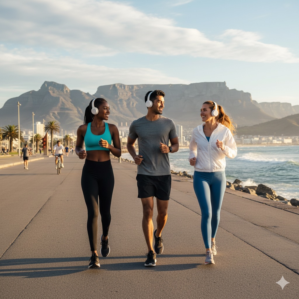 Aerial view of Sea Point Promenade in Cape Town with Table Mountain, Atlantic Ocean, and palm-lined coastal walking path