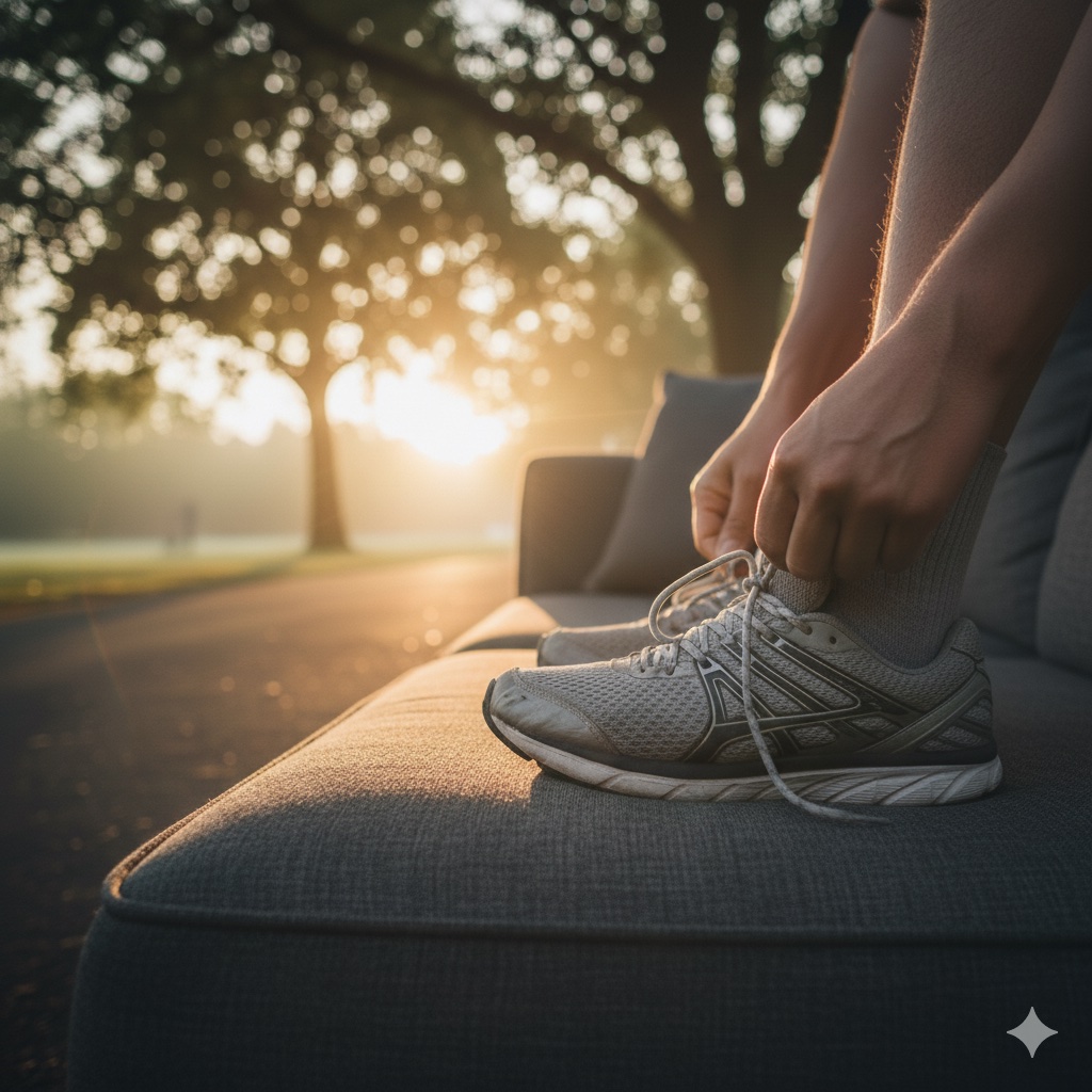 Runner lacing shoes before an early morning jog