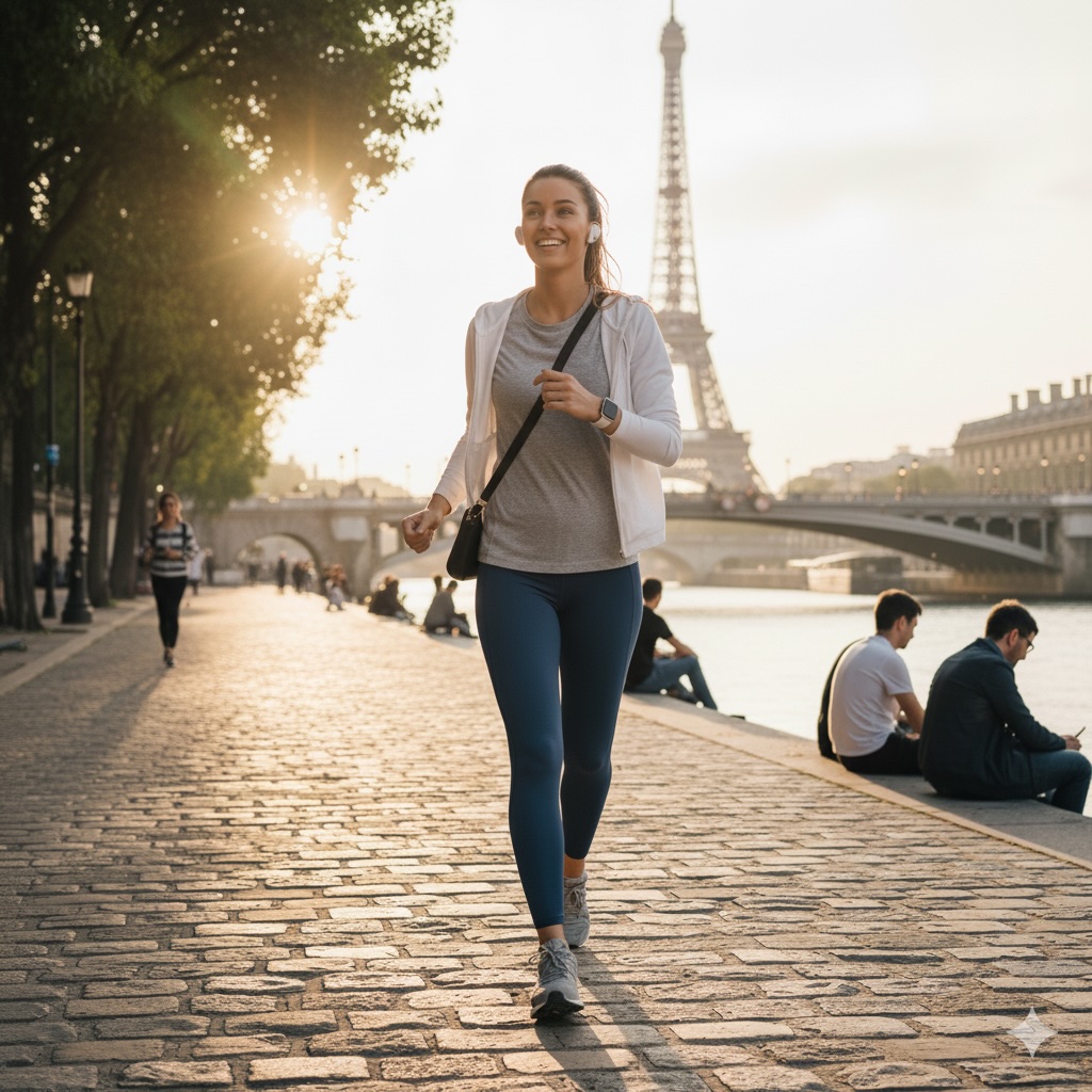 Scenic view of Paris streets with pedestrians walking along the Seine River near the Eiffel Tower