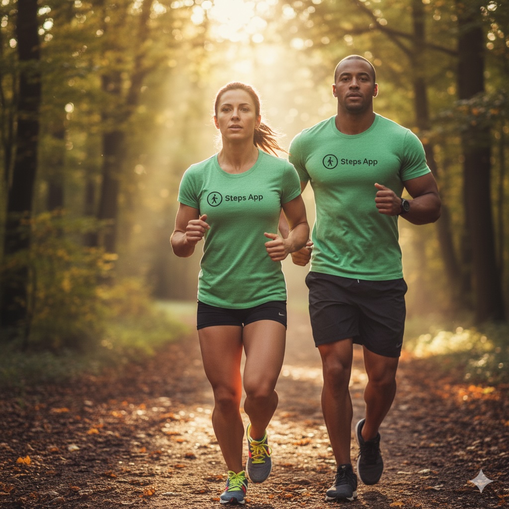 Man and woman wearing green Steps tees